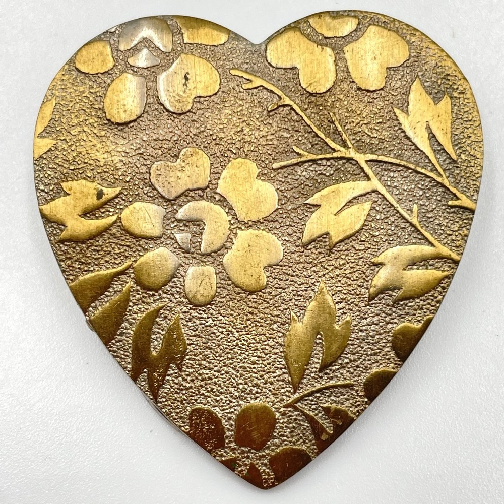 Vintage Brass Tone Floral Heart Scarf Clip Brooch Textured Botanical Gold Tone